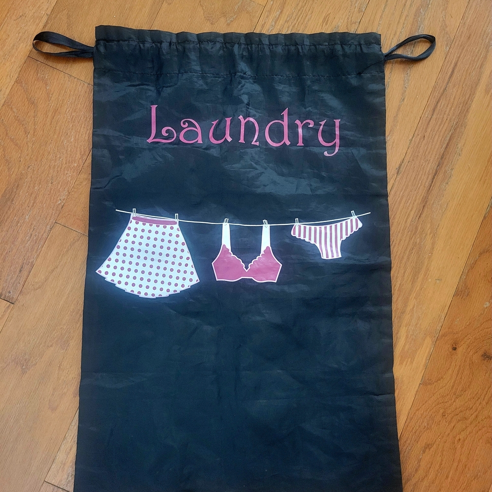 Black Laundry Drawstring Bag with Pink Graphic
